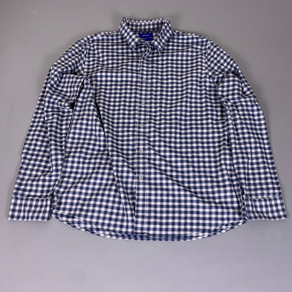 Apt 9 Premier Flex Button Up Shirt Mens XL Blue White Gingham Check Long Sleeve